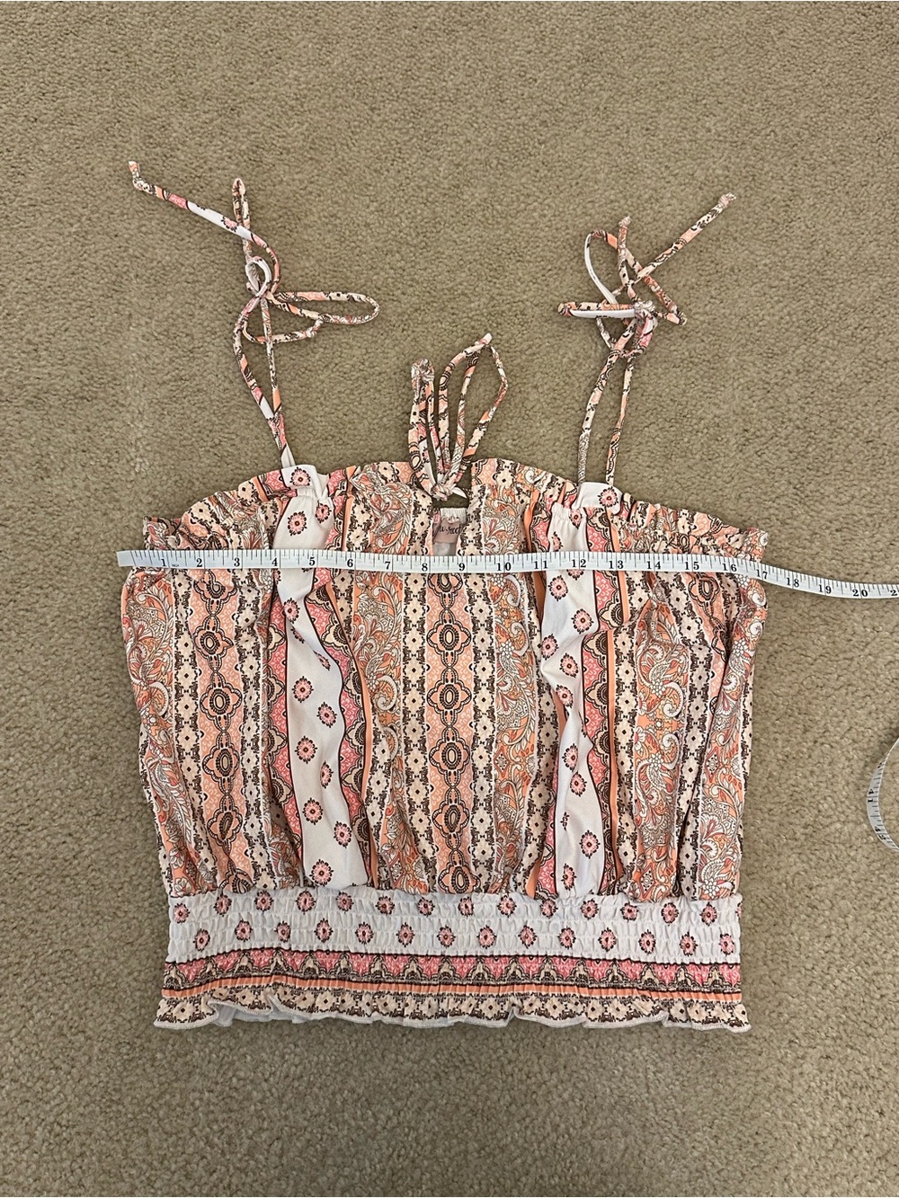 Boho Printed Smocked Bubble Cami Top - Peach White Multi L Large Willow Root